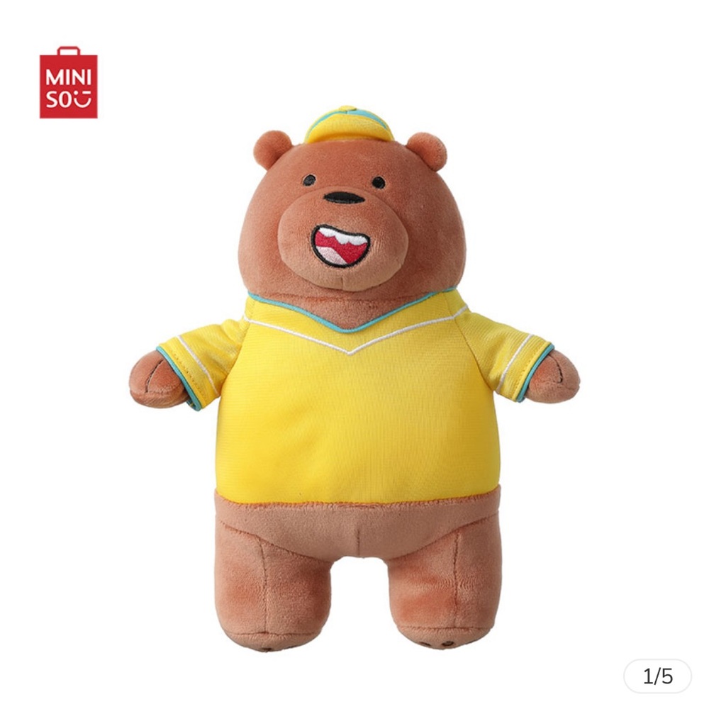 NWT MINISO x We Bare Bears Grizzly Plush Doll 9” Brown Bear with Outfit Soft